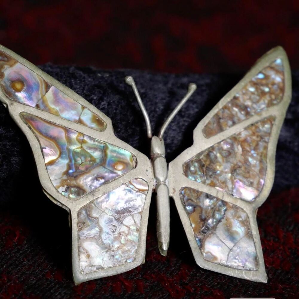 luminous silver butterfly abalone vintage brooch